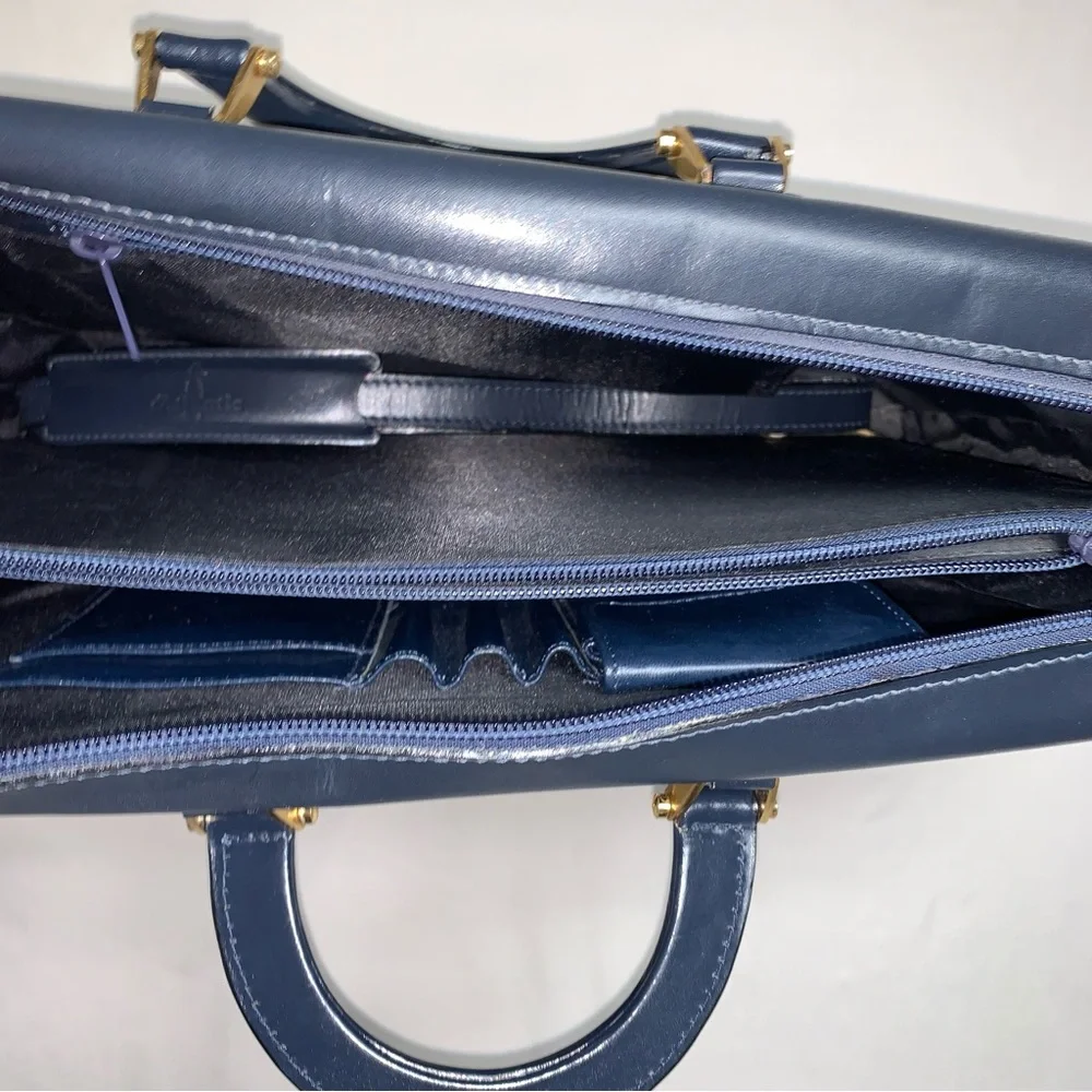 VINTAGE Atlantic Leather Briefcase Crossbody Handbag Navy Blue Attaché Case Luxe